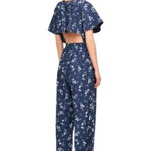 Rebecca Taylor Francine Floral Poplin Jumpsuit, Open Cape Back, Navy, Sz 6